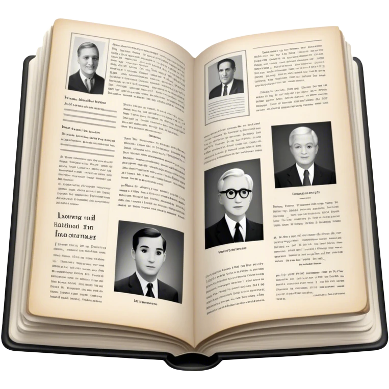 Icon for Non-Fiction & Narrative Reading: an open book with historical facts and narrative text on the pages, featuring black-and-white photos, news clippings, and an open folder with top-secret documents. Transparent background. emoji