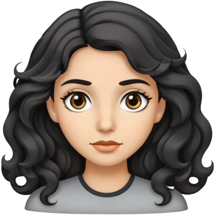 woman face with big grey eyes, medium skin tone, and black wavy hair emoji