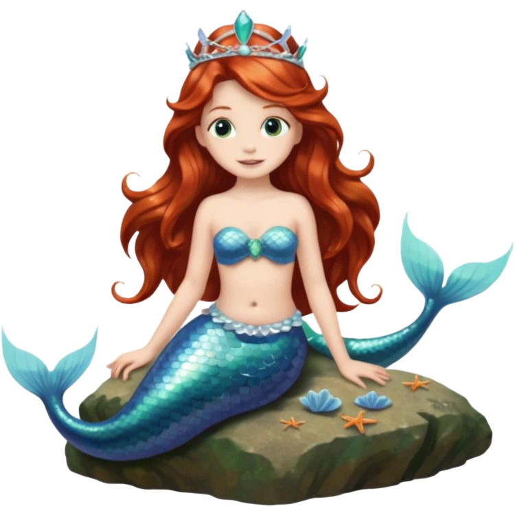 Mermaid with Shell Crown – Long flowing hair, shell tiar, sitting on rock emoji