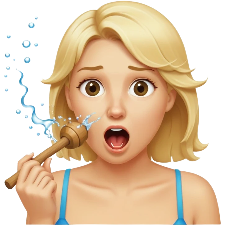 blond woman biting a wide stick with a D-shaped knob, both the same color as her skin, the knob has visible skin texture, water jet shooting from the flat side of the knob into her mouth, surprised look emoji