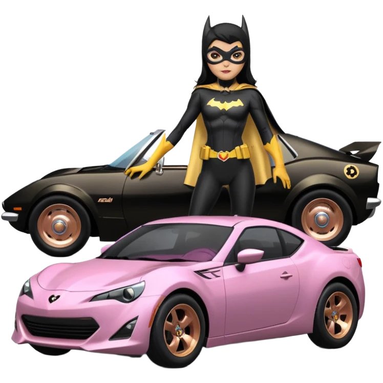Relaxed adult 60’s Batgirl’s full reality crime fighting themed Satin black and rose gold painted Scion FR-S pursuit vehicle hot rod off road capable  emoji