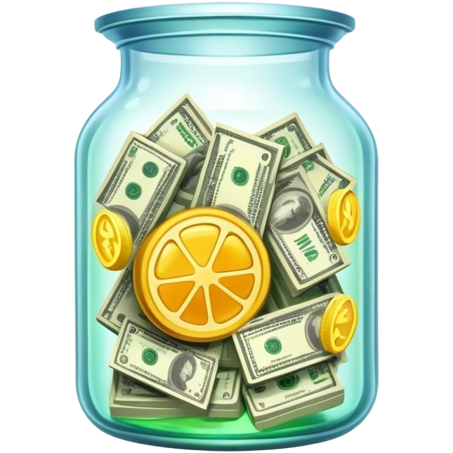 pickled money, assets, trading in a transparent vessel from which neon elixir flows over the edges emoji