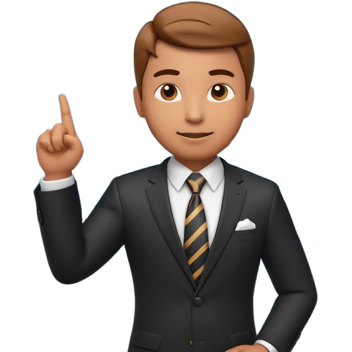 A stylized 3D emoji icon of a male financial analyst in a sharp formal suit and tie. He has a confident, speaking expression and is pointing his finger back towards a large digital screen behind him. The screen is glowing with complex financial line graphs, upward arrow trends. emoji