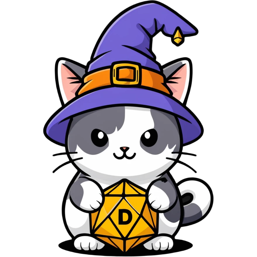 Calico cat in wizards hat with a d20 die  emoji