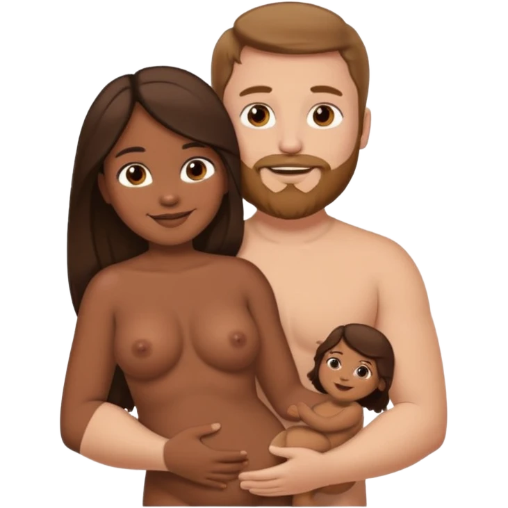 chubby white guy with brown hair and beard, holding a brown girl with long dark hair in arms, naked, showing tits and pussy emoji