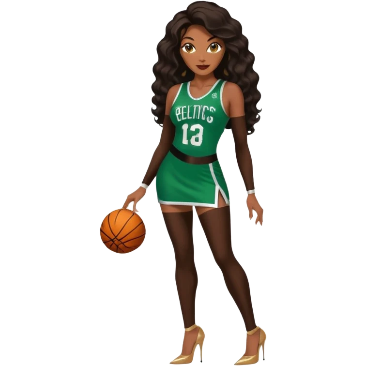 A 47-year-old chocolate ebony brown black woman with brown eyes, long body wave black brown baylaige hair dressed in sexy 
celtics jersey costume outfit and stilettos  emoji