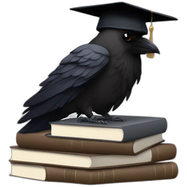 raven in student cap with a stack of gray and brown books emoji