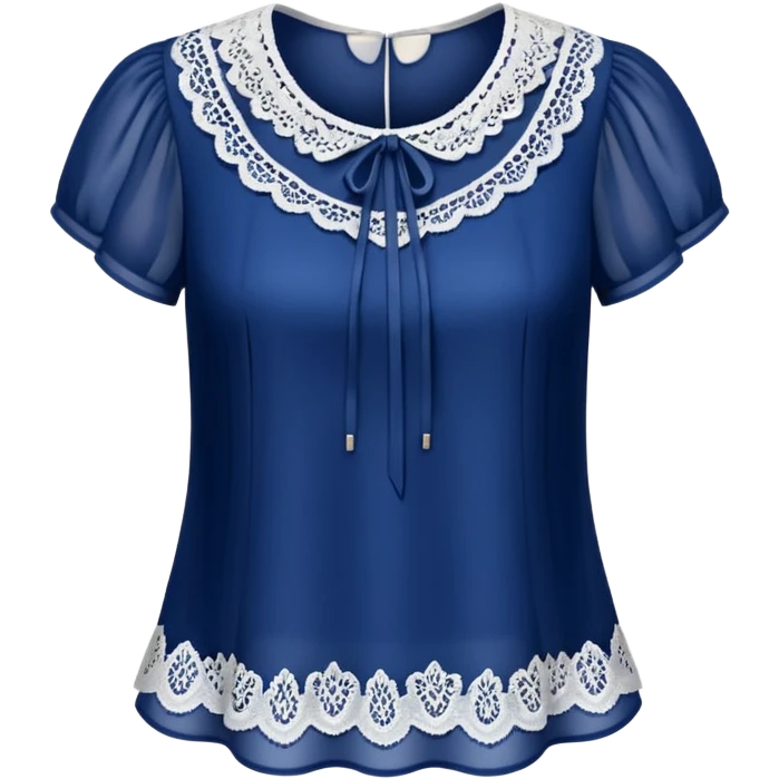 3d, Hyperrealistic, isolated, translucent navy blue blouse, white realistic lace detail. emoji