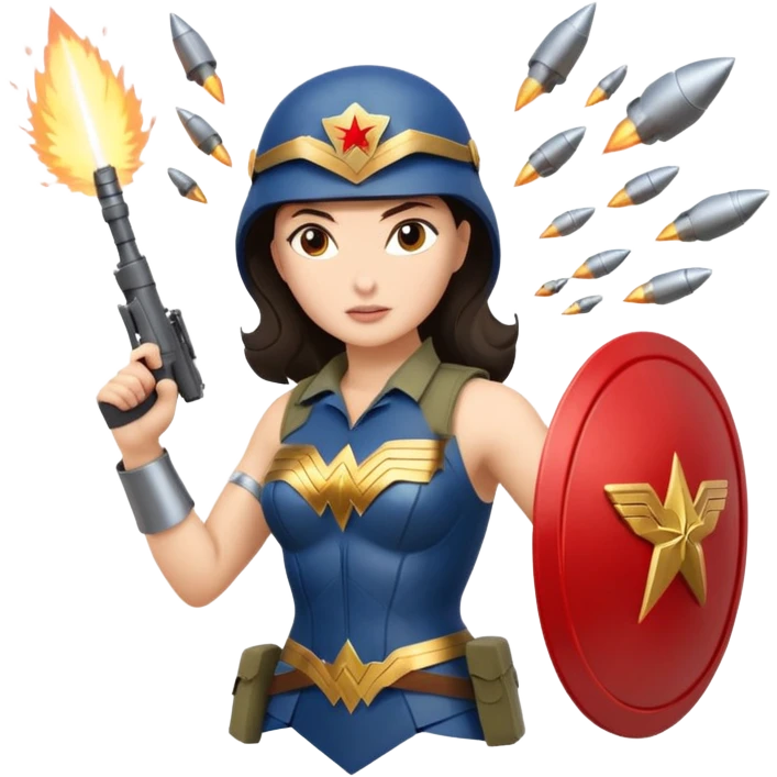Female full confidence battle ready soldier heroically saving lives accompanied by Wonder Woman , with shelling happening all around emoji