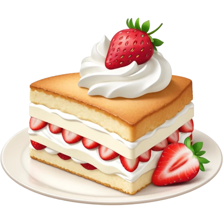 slice of strawberry shortcake with whipped cream, soft and light colors, smooth texture, bright and appetizing, minimal details, glossy highlights
 emoji