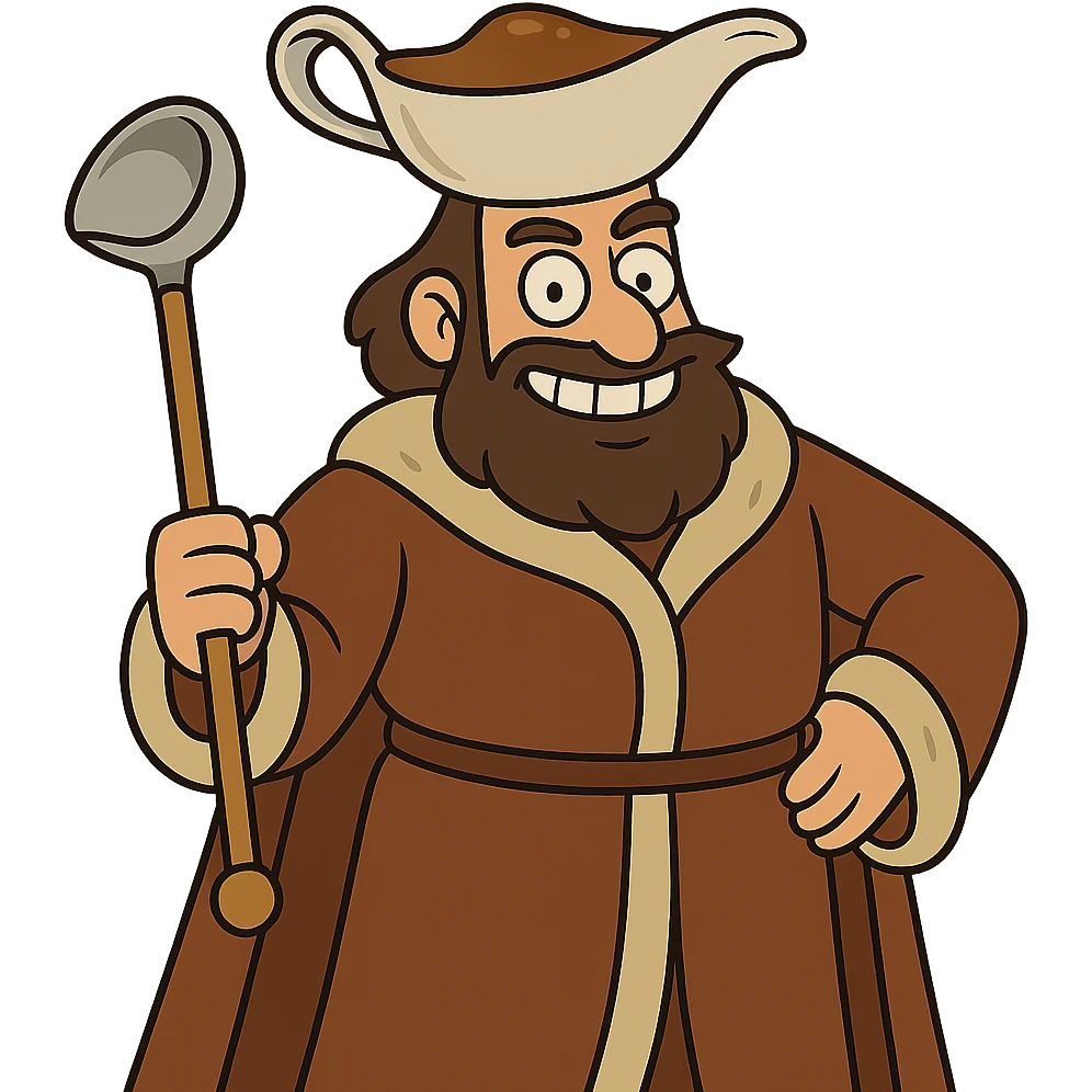 cartoonish Gravy Lord kingly figure with a gravy boat crown, brown robe, scepter shaped like a gravy ladle, smiling confidently emoji