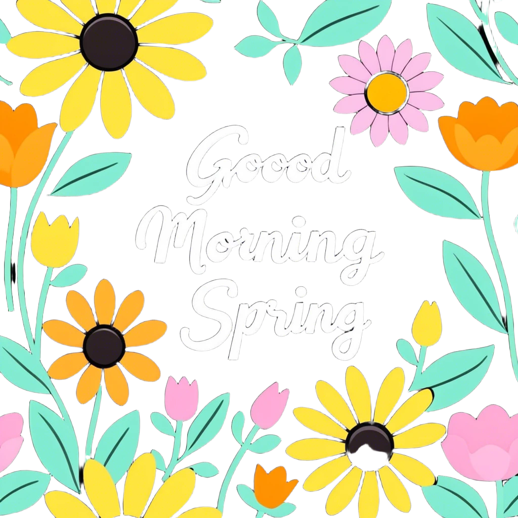 Spring flowers in garden with sun with inscription Good morning  emoji