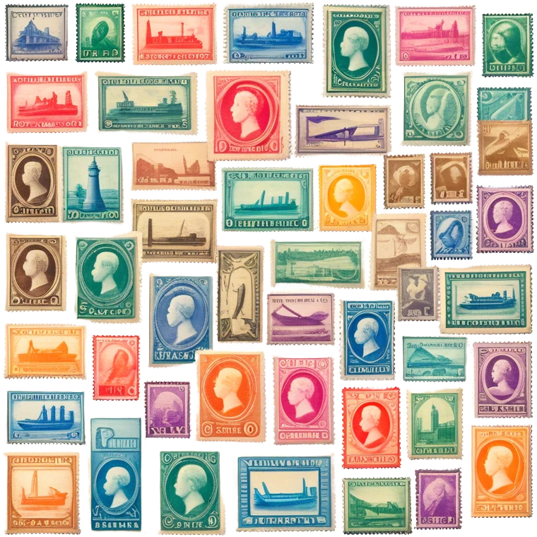 Icon for Stamp Collecting: a collection of vintage and colorful stamps arranged in an album or on a desk, with a large stamp block in the center showcasing different themes. The icon should reflect the charm and history of philately. Transparent background. emoji