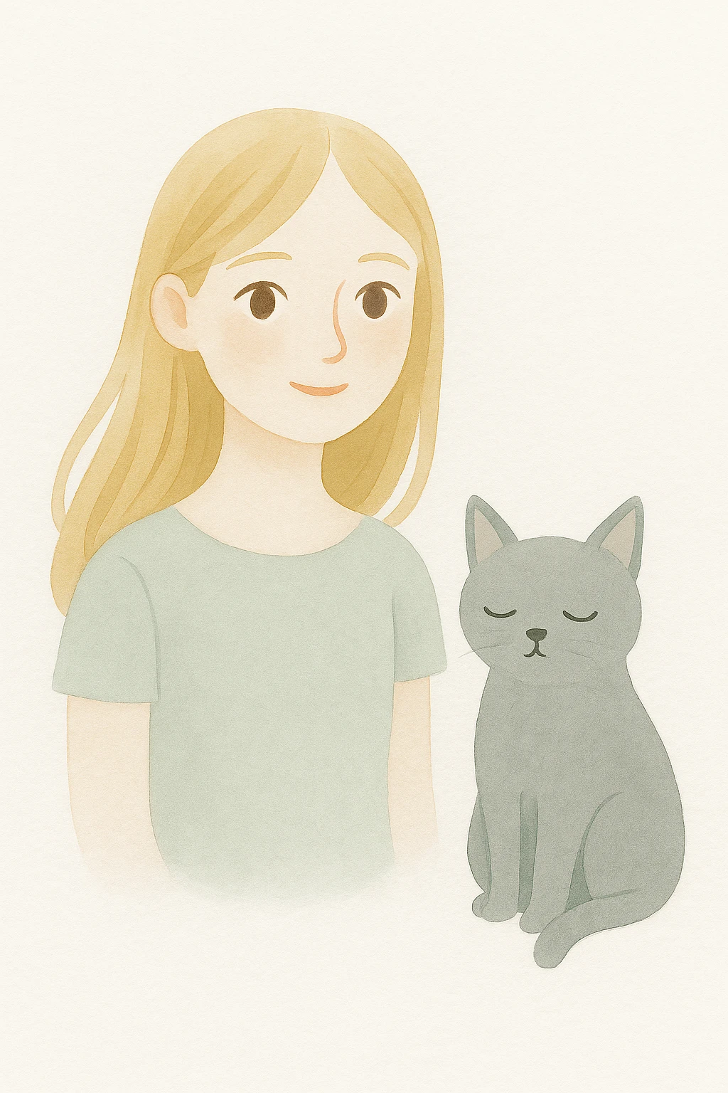 Change the girl's hairstyle to loose waves, keep long blond hair, brown eyes, and a grey cat, in a painterly, whimsical style with soft watercolor textures and delicate brush strokes. emoji