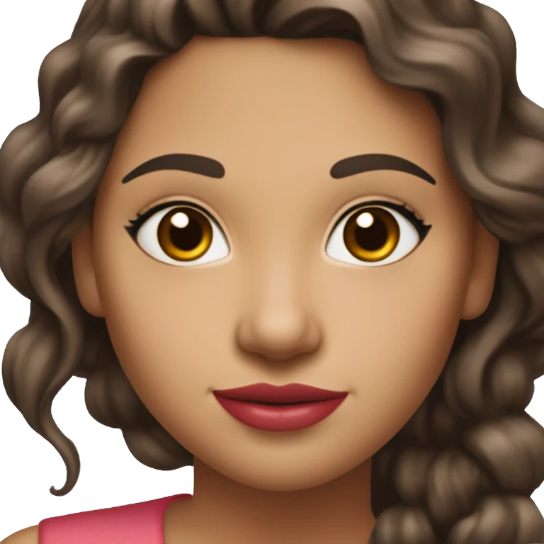 She has soft features, fair skin, and almond-shaped eyes. Her defined eyebrows and natural pink lips frame her face. Her dark, wavy hair is partly tied back, giving her an elegant yet relaxed look.  She wears a red V-neck long luxurious dress. White skin. emoji