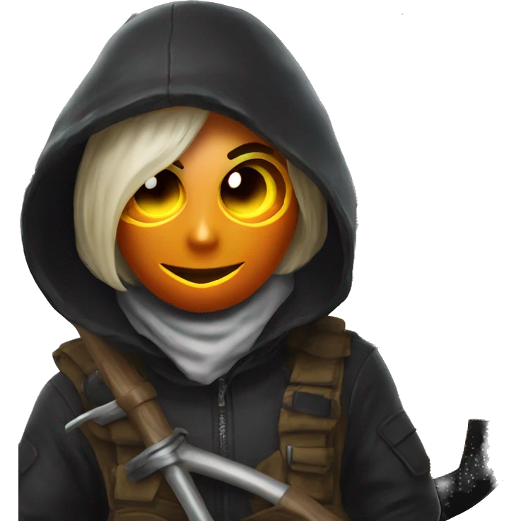 Human female pumpkin hunter with a scythe, glowing pumpkin eyes inside a black helmet, Halloween theme, emoji" emoji