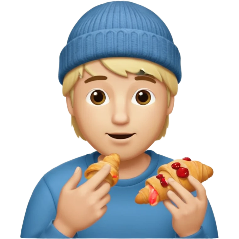 blonde man with beanie eating croissant emoji