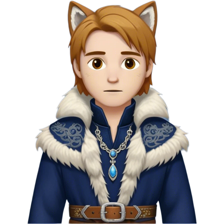 Medieval winter outfit worn by a DnD themed fantasy male character. Midnight blue felted wool tunic with silver fox fur collar, embellished with ornate metal clasps and a thick leather belt with decorative stitching. Clothes only above the waist, full waist coverage. The character has no arms. Character is white-skinned with honey brown hair, amber eyes, and shoulder-length straight hair with winter-weathered ends. emoji