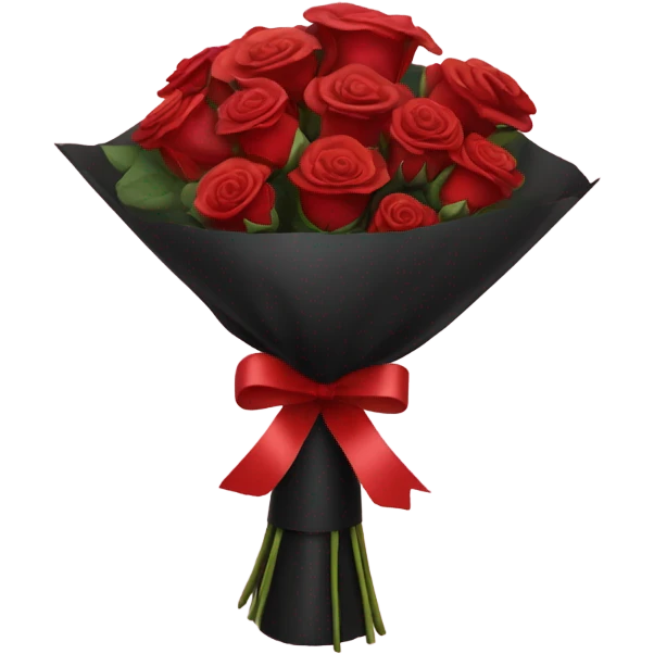 bouquet of red roses in a black package with a red Ribbon  emoji
