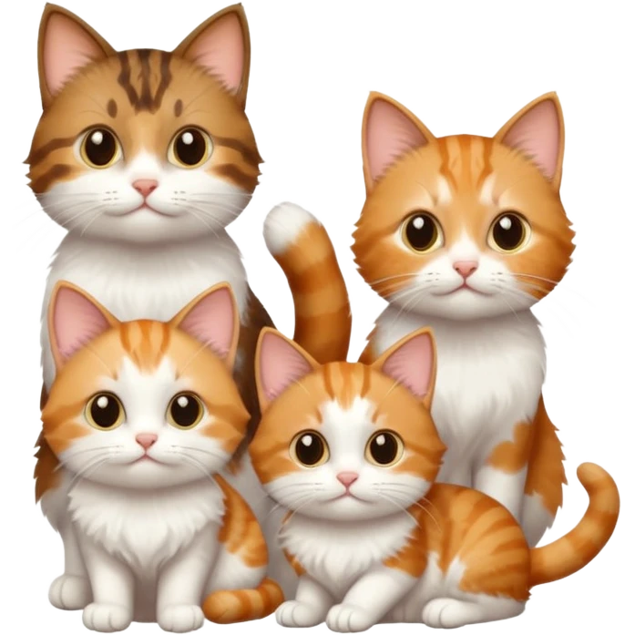 3 small cats different colours including brown tabby and white, light patchy calico, and ginger and white emoji