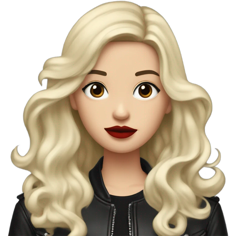 White girl, with long wavy black hair, with red lipstick, black winged eyeliner, wearing black shirt and black leather jacket shrugging her shoulders in a gesture that says “I don’t know” emoji