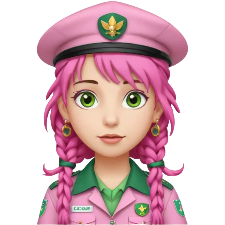 very pretty girl big green eyes, scout girl with pretty pink uniform, pink dreadlocks, and big earrings and scouts hat emoji