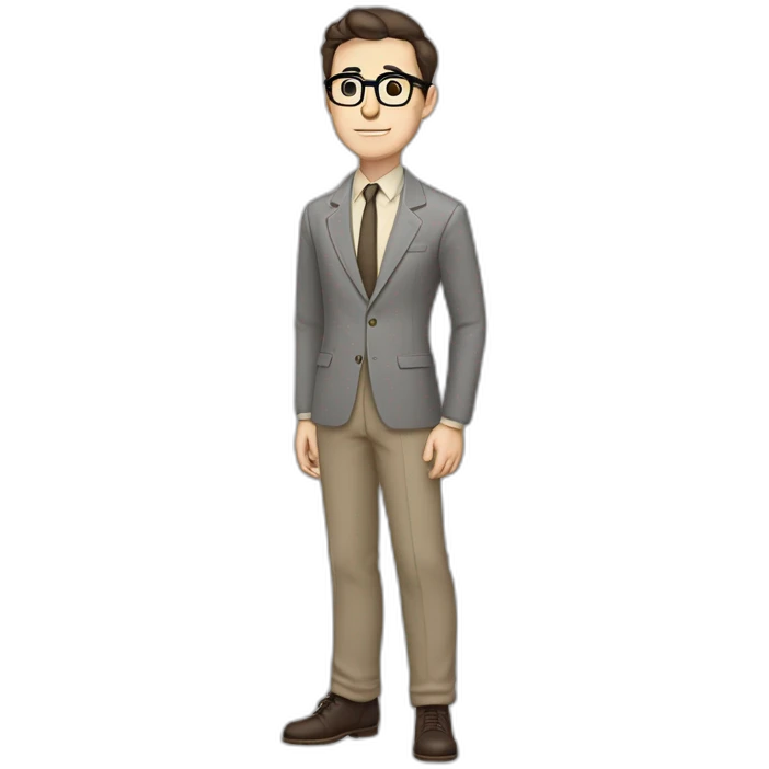 Full height Pale skinned Fit Man With dark brown hair in gray jacket, beige office shirt, tie, Brown pants and vintage glasses. Thrumbs of his palms directed up emoji