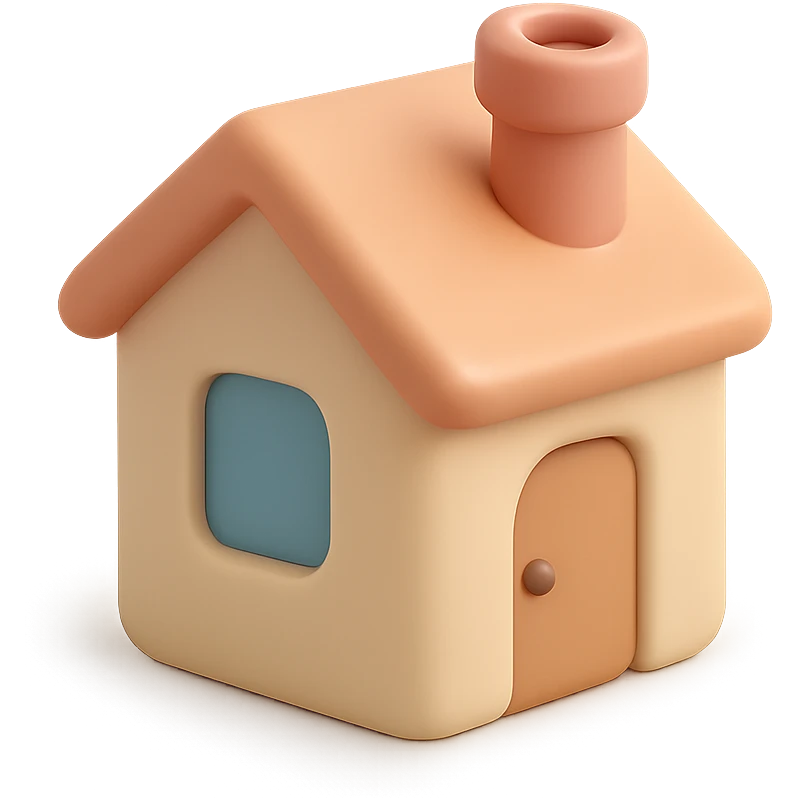 A simple cute house with a chimney and a door, rounded corners, smooth plastic texture, pastel colors emoji
