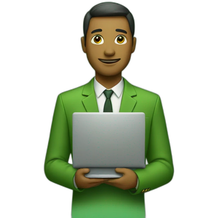 a man with a laptop, green stones in the background emoji