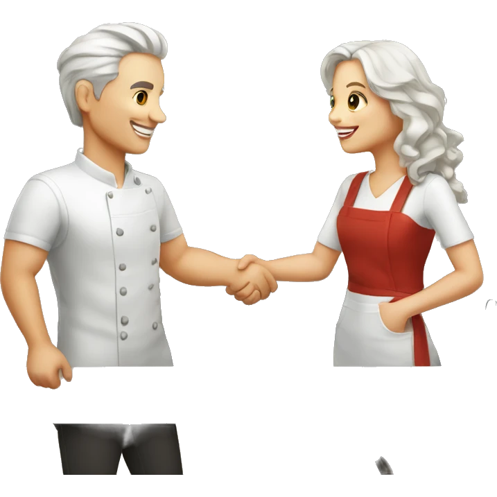 restaurant owner and blogger shaking hands, both with white skin, in great detail emoji