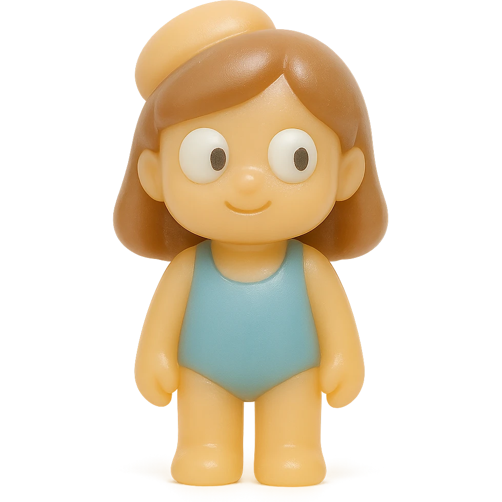 Edit the beach girl to have a soft, subtle, almost unnoticeable smile so she looks happy but not freaky. Keep her very transparent with derpy, oversized white eyes and small black pupils looking in different directions. She should wear a simple blue one-piece swimsuit, standing in a neutral pose, much smaller in the frame so her entire body is visible with no cropping. Use the retro 90's toy style: very transparent, slightly see-through, natural tan skin, brown hair, soft plastic texture, soft reflections, soft and squishy, some cloudiness, not shiny, highly detailed, appealing, no tag, no background. emoji