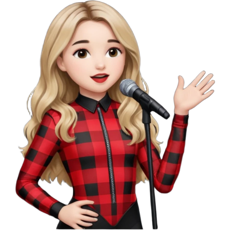 Sabrina carpenter singing at concert wearing a black and red plaid bodysuit emoji