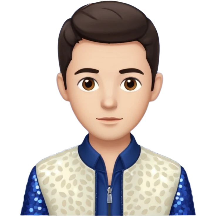 Jonathan Bailey with dark brown hair, brown eye, ivory sequin jacket, navy blue shirt emoji