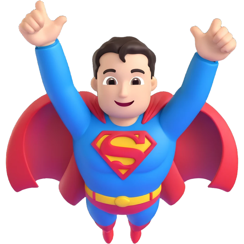 Superman smiling heroically with iconic S logo, floating in the air, 3D emoji style emoji