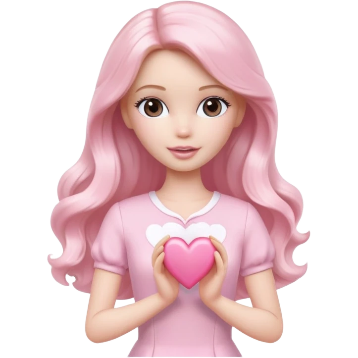 White Barbie girl with long wavy dark brown hair in pale pink clothes holds pale pink heart emoji