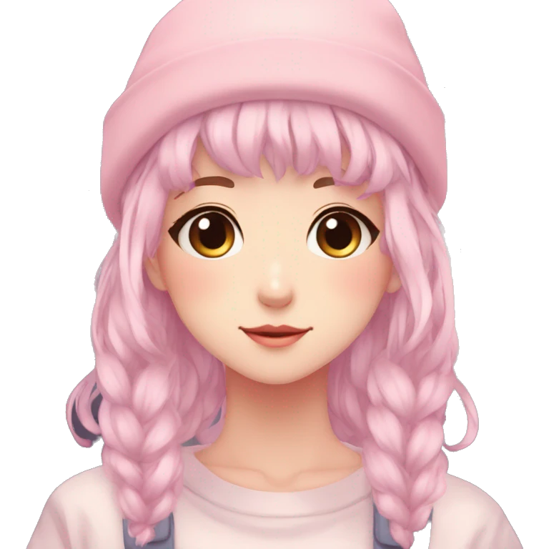 Gorgeous pastel anime girl with blushing face and hair garnitures and pretty hair and a beanie aesthetic trending style emoji
