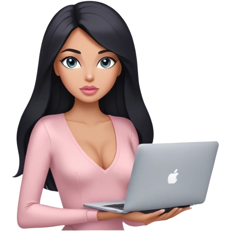 Glamours, tanned, very beautiful girl, with big pump peach-beige-rose lips, long lashes, black straight smooth silky long hair, straight parting hair, blue-grey eyes, in light-pink v-neck bodysuit holding MacBook emoji