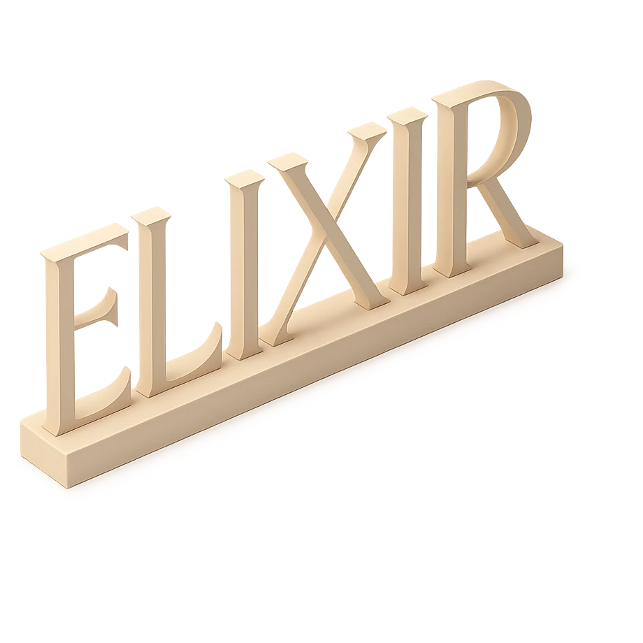 type "ELIXIR" but in front view, FINE LINES, beige  emoji