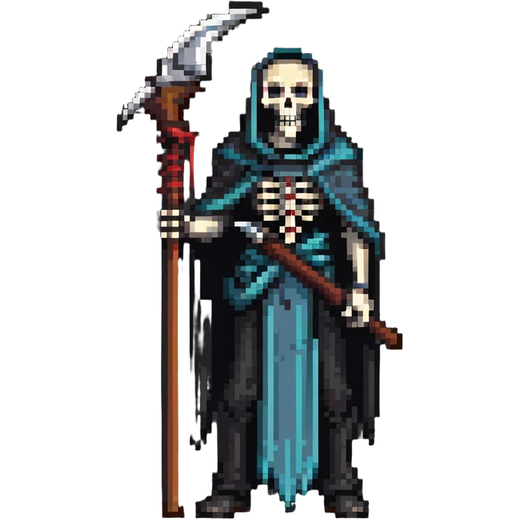Grim reaper with scythe, skull face, death personified emoji