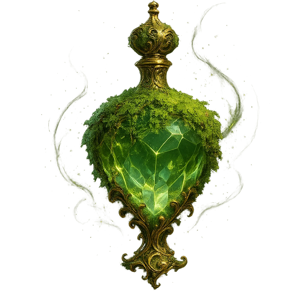 luxurious crystal elixir bottle covered with living green moss, lots of glowing edges, ornate golden details, magical effects, very small golden neck, beautiful merging base, clearly floating in air, no base or shadow, premium class impression, natural and magical design, fits crystal, luxurious, magical bottle collection, transparent background emoji