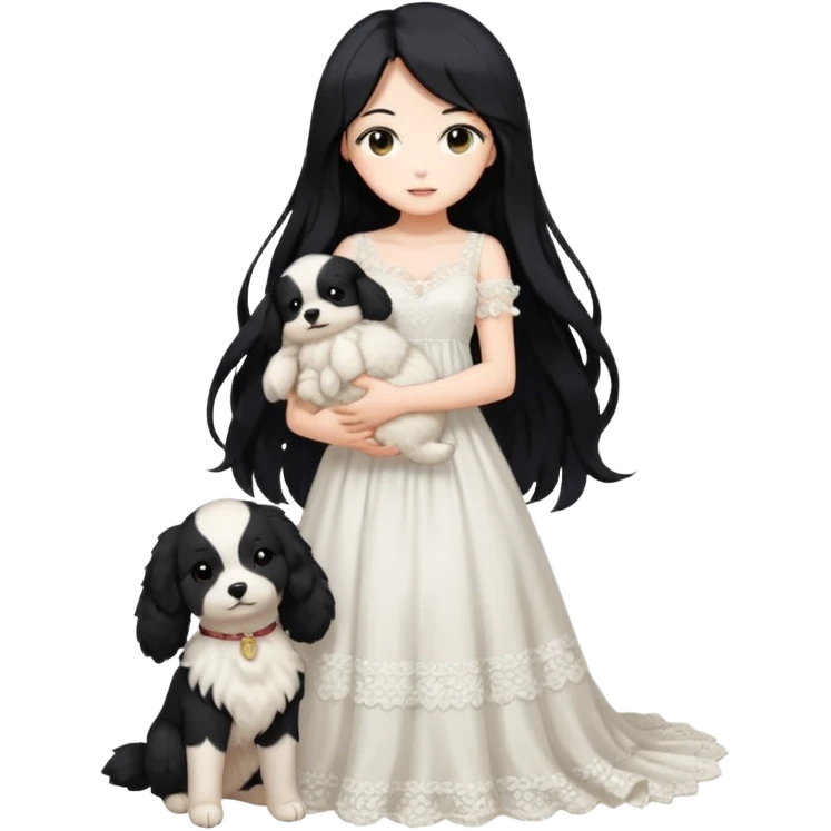 Pastel anime lady long hair with long lace dress full body holding puppy emoji