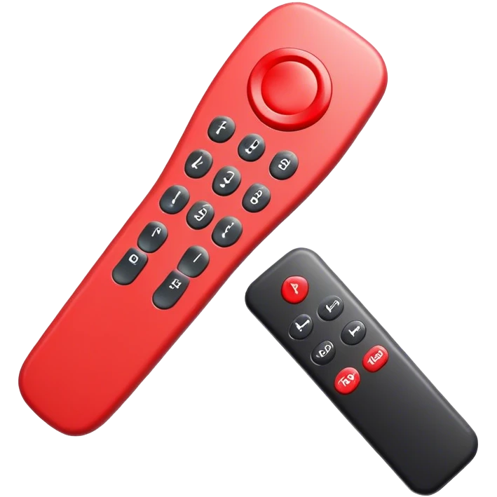 one black tv remote control with red border,  2Dimensions. The remote control have to have 4 buttons in black and one big one in red and the play sign emoji
