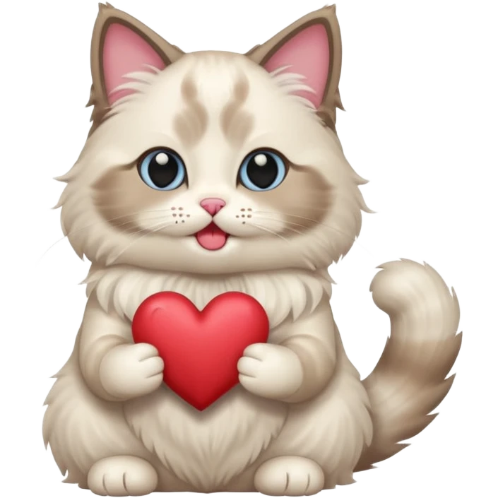 Full body ragdoll Cat holding a heart and mouth open, blush on cheeks emoji