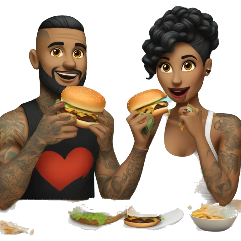 Beautiful tattooed couple eating burgers emoji