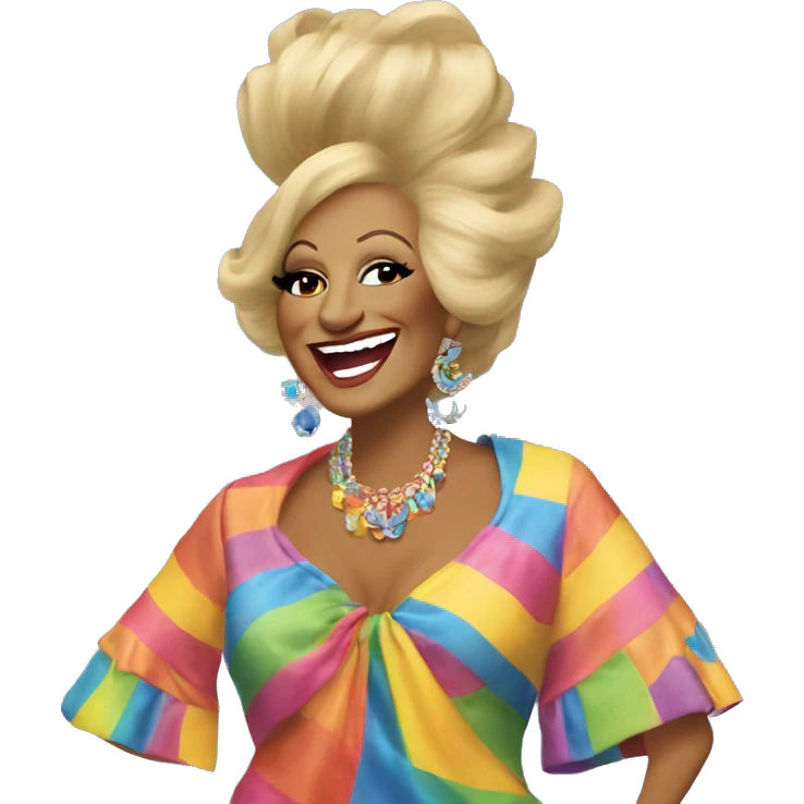 “Celia Cruz in a colorful outfit, smiling and performing with musical notes around her.” emoji