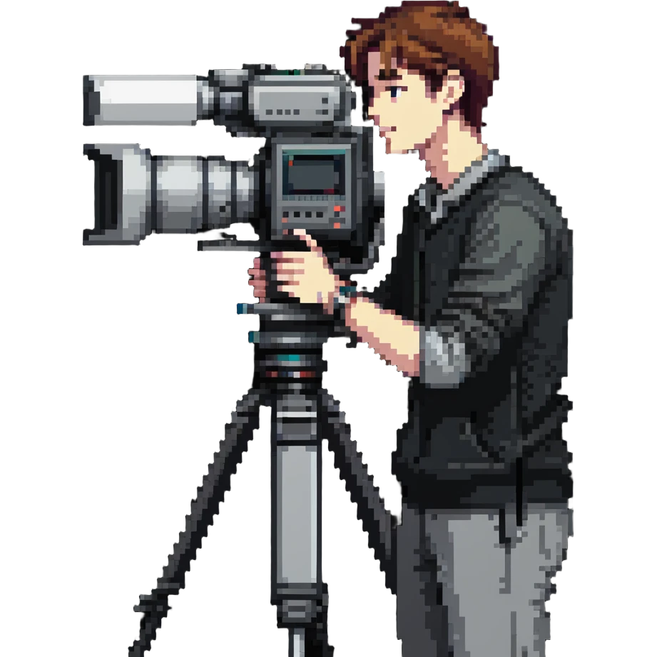 cinéaste de profil ou 3/4 tenant une vraie caméra broadcast professionnelle, œil dans l’œilleton, cadrant devant lui, personnage entier de la tête aux pieds emoji