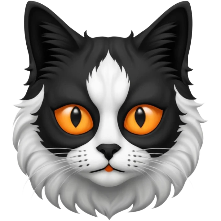 black and white long hair cat. black nose. black splotch near nose on the right side. black mask. white chest.  emoji