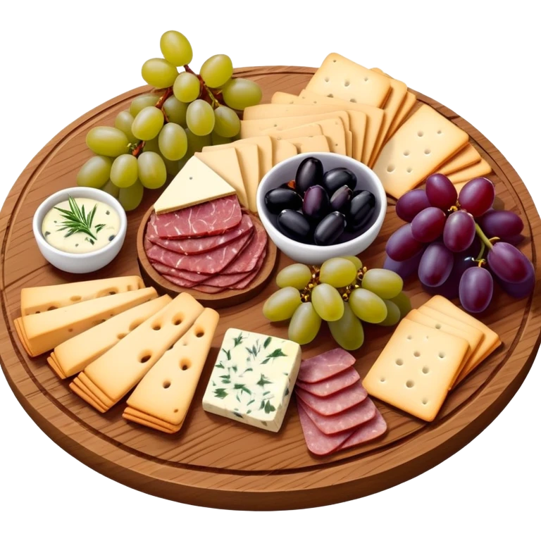 Delicious charcuterie board with assorted cheeses, meats, crackers, grapes, and olives arranged beautifully on a wooden board emoji