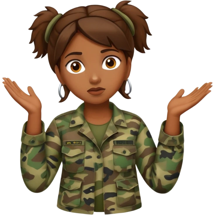 brown-skinned girl in camouflage, brown hair, shrugging emoji