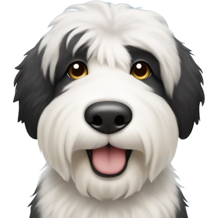 Half black (right side of face) half white (left side of face) old English sheepdog wearing a bow tie  emoji